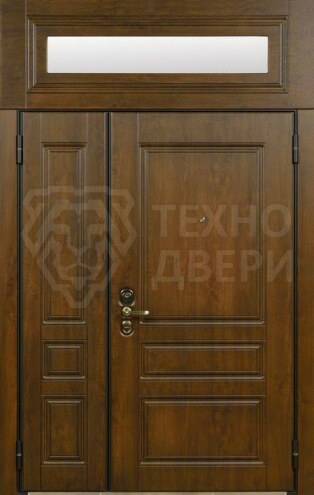 Элитная двухстворчатая железная дверь с фрамугой и стеклопакетом ДВЭ-382